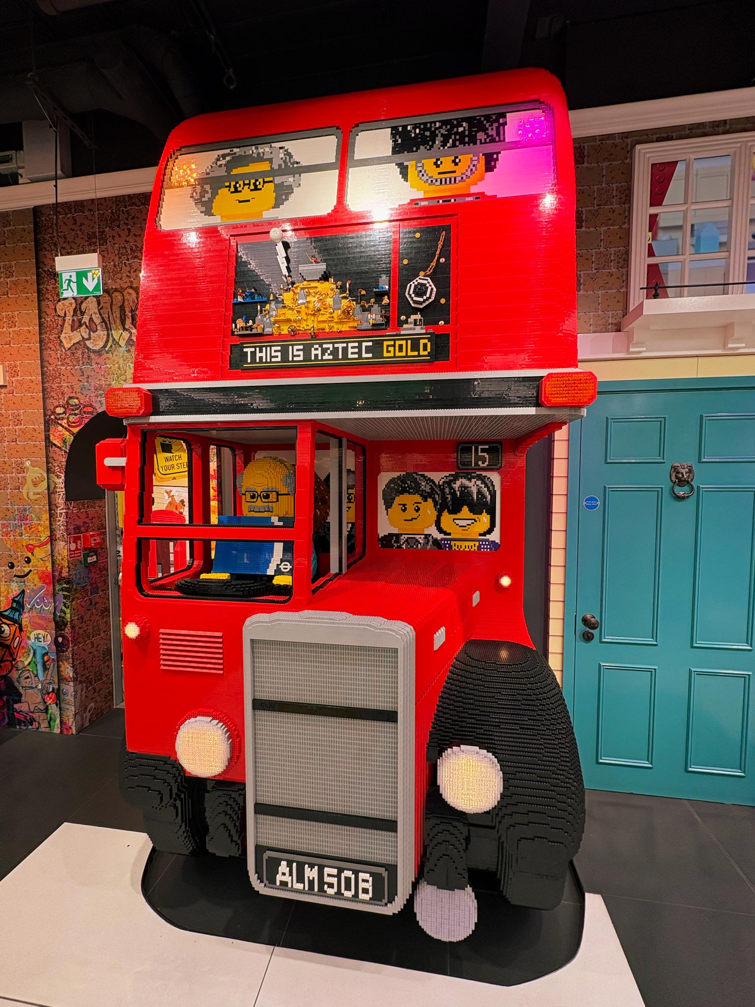 Photo of a double decker bus made out of Legos