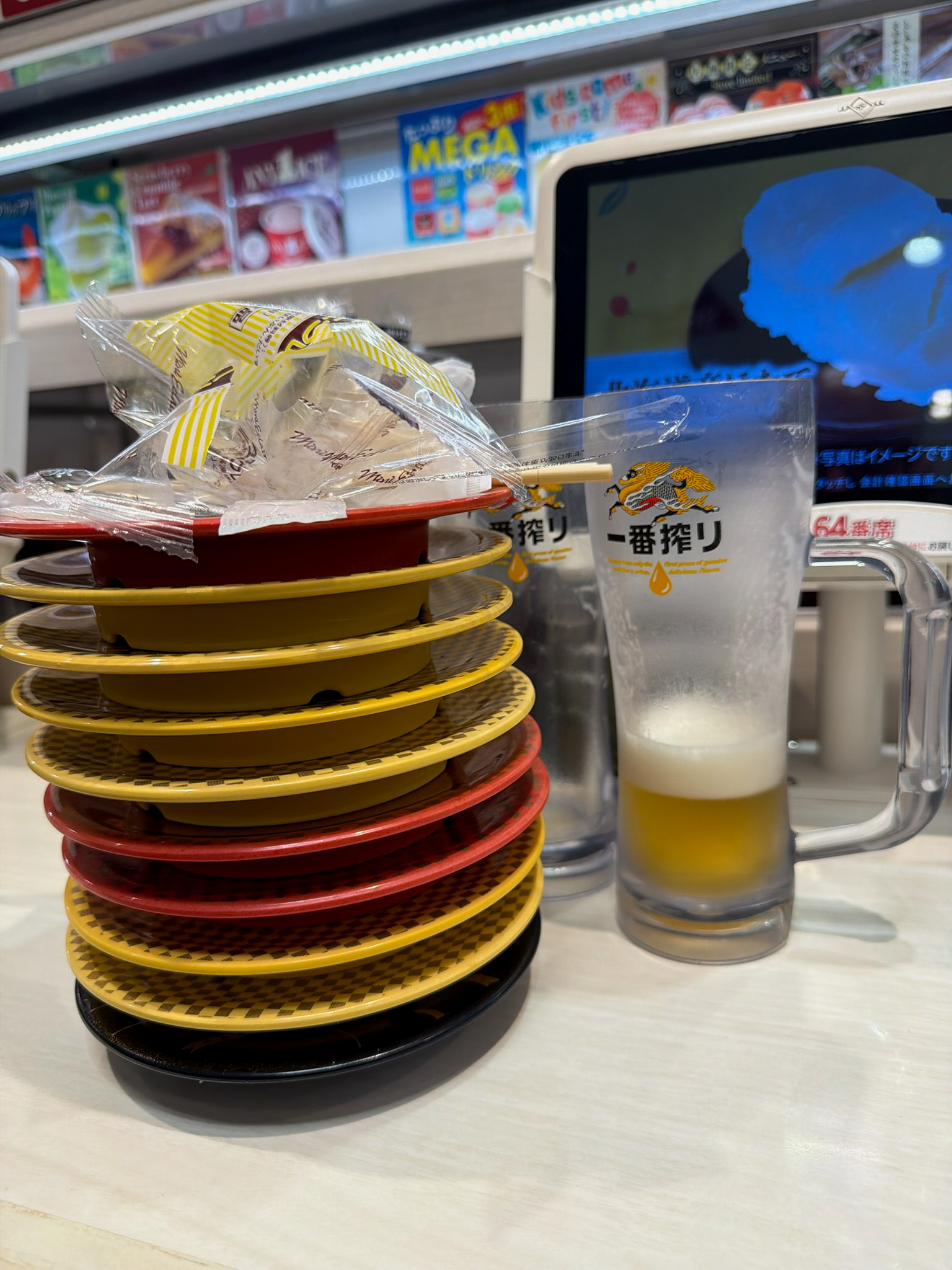 Empty plates at conveyor belt sushi